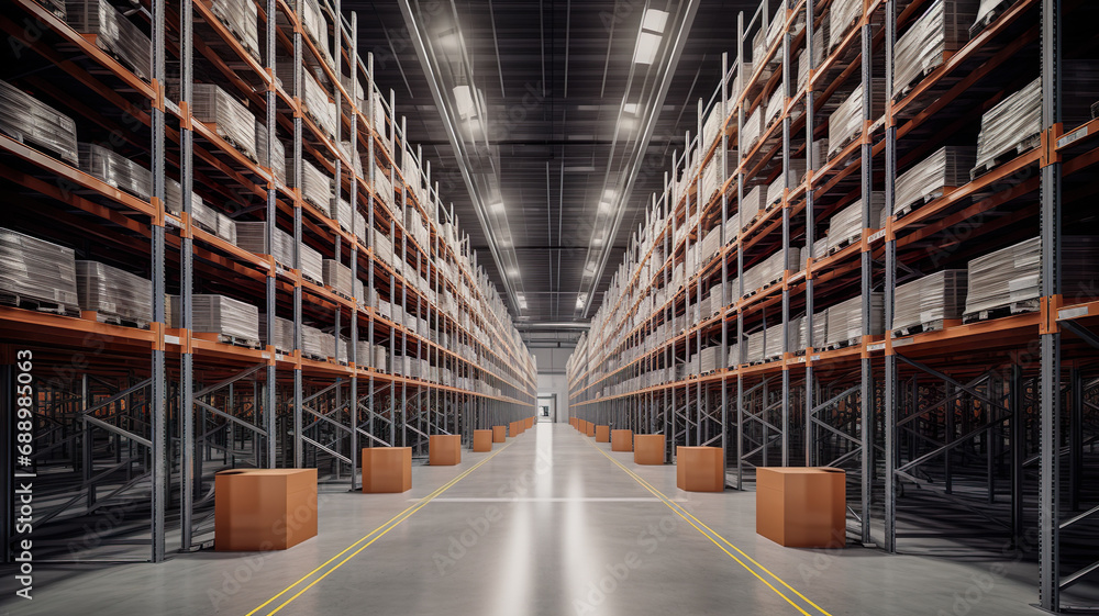 Fototapeta premium Inside Spacious Modern Industrial Commercial Facility Building Warehouse - Generative AI