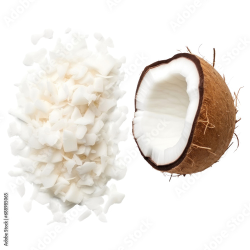 Сoconut and shredded flaked coconut. Isolated on transparent background.  