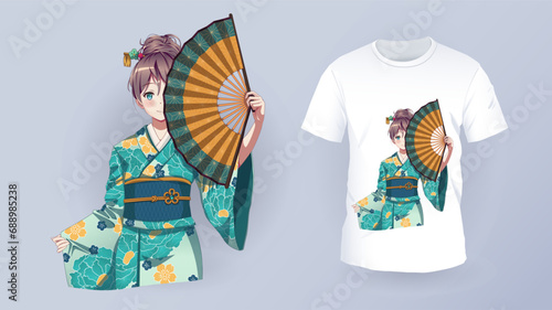 Anime Manga girl in traditional kimono. Identity branding mockup set top view. Prints on t-shirts. Isolated vector illustration on white background