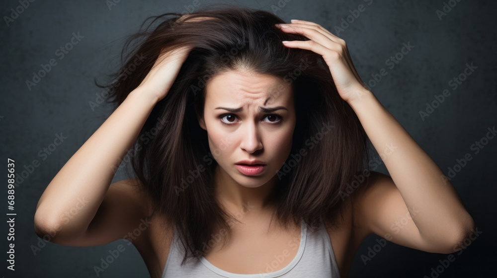 woman very sad and upset looking at damaged hair, hair loss, hair thinning problem, vitamin deficiency, baldness, postpartum, biotin, zinc, menstrual or endocrine disorders, hormonal imbalance