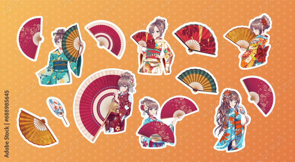 Set of stickers anime manga girl in kimono and handheld paper fan. Cartoon Vector Illustration