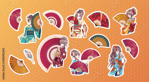 Set of stickers anime manga girl in kimono and handheld paper fan. Cartoon Vector Illustration