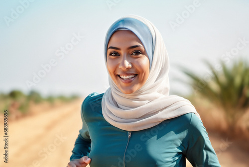 A woman wearing hijab while running. Portrait of a Beautiful woman wearing a hijab during sunset