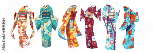 Set of traditional Asian, Japanese clothes kimono. Summer clothing - yukata. Vector illustration on isolated background