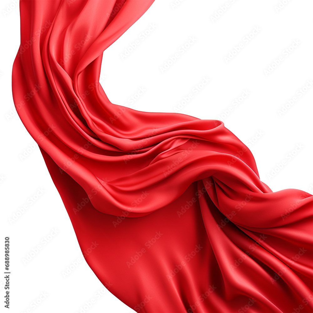 Flying red silk fabric. Waving satin cloth isolated on transparent background, ai technology - obrazy, fototapety, plakaty 