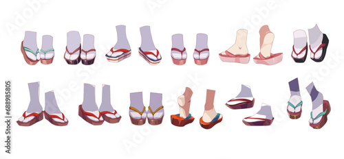 Japanese shoes - geta, zori. Sandles for girl kimono traditional costume. Set of feet in socks. Vector illustration photo