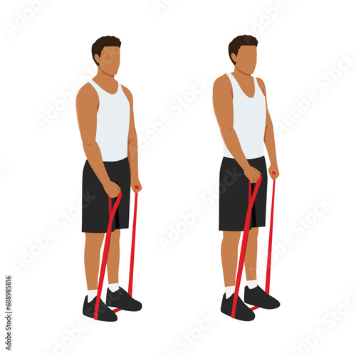 Man doing resistance band shrugs exercise. flat vector illustration isolated on white background