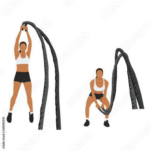 Woman doing battle rope double arm slams exercise. flat vector illustration isolated on white background