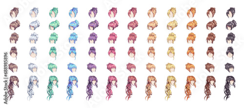 Anime manga multicolored hairstyles. Isolated hair wigs set photo