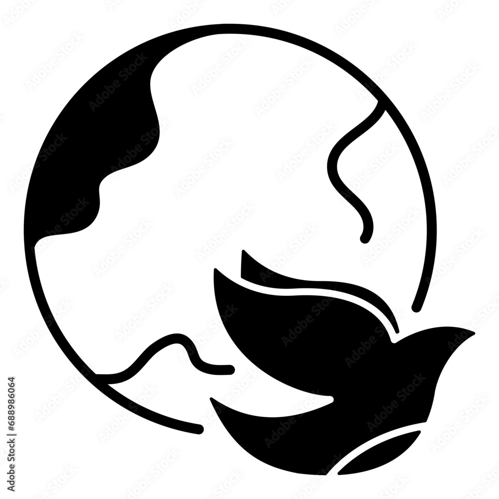 World Peace icon in glyph style featuring a flying dove and a globe World Peace icon in glyph style featuring a flying dove and a globe