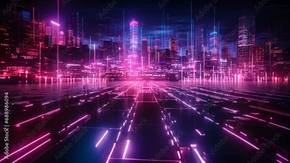 Futuristic city skyline with dynamic neon grid lines and glowing lights ...