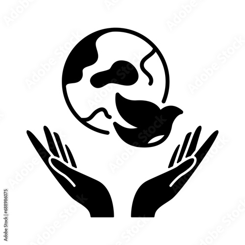 Peace icon in glyph style. Both open hands present a dove flying freely, and the world as a symbol of peace