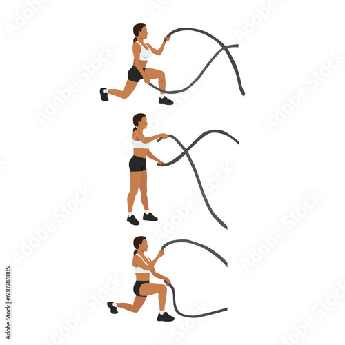 Woman doing Battle rope reverse lunges exercise. Flat vector illustration isolated on white background