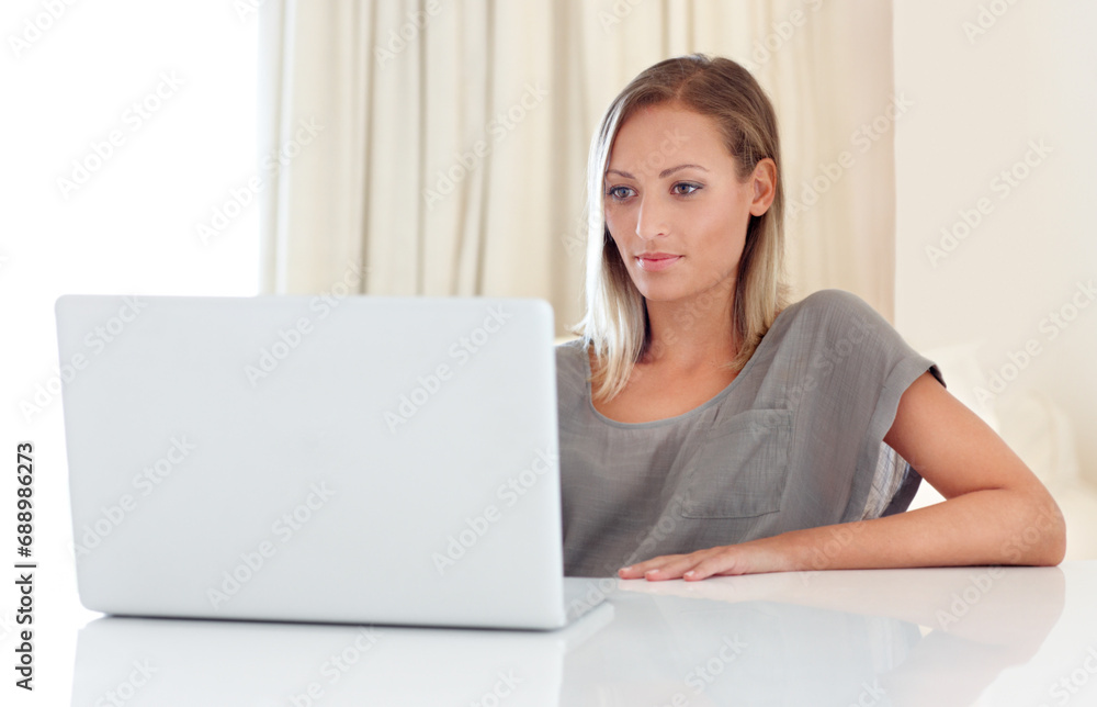 Woman, laptop and remote work from home with analysis, idea and thinking for freelance copywriting job. Girl, computer and entrepreneur with planning, schedule or brainstorming with reading in house Woman, laptop and remote work from home with analysis, idea and thinking for freelance copywriting job. Girl, computer and entrepreneur with planning, schedule or brainstorming with reading in house