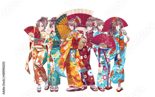 Group of anime manga girls in traditional Japanese kimono costume holding paper fan. Vector illustration on isolated background
