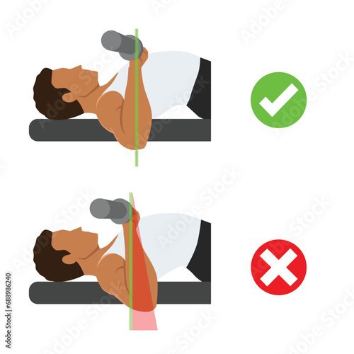 Man doing barbell bench press. Chest Press. Elbows position on bench press. Side view workout. Flat vector illustration isolated on white background