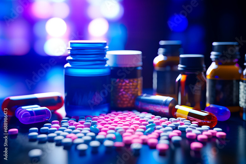 Medicine with bottles on the table. Healthcare, medical and pharmacy concept. pharmaceutics drugs
