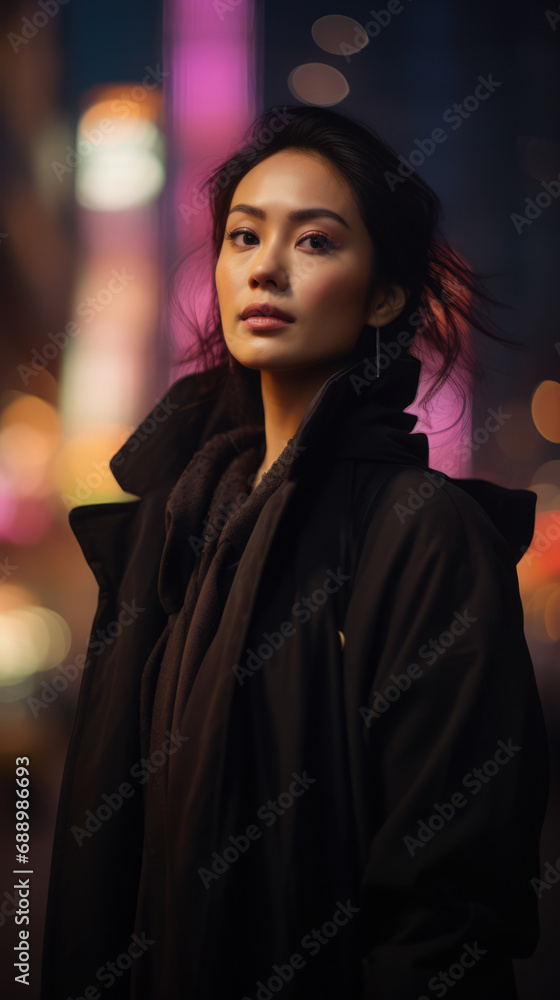 Young Asian woman in a city scene at dusk Young Asian woman in a city scene at dusk