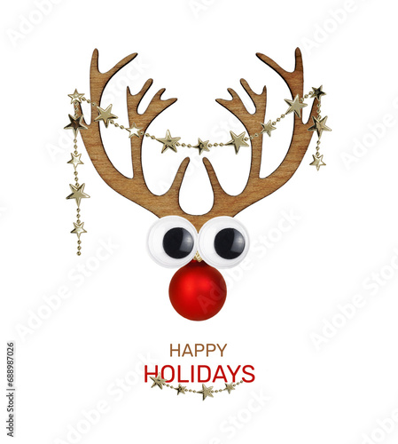 Funny Christmas deer and text Happy Holidays isolated on white or transparent background photo