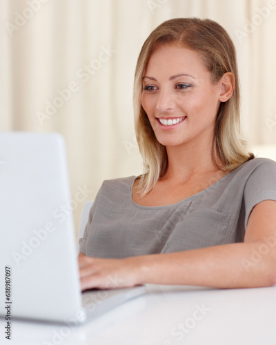 Woman, laptop and remote work from home with smile, ideas and thinking for freelance copywriting job. Girl, computer and entrepreneur with planning, schedule or brainstorming with reading in house
