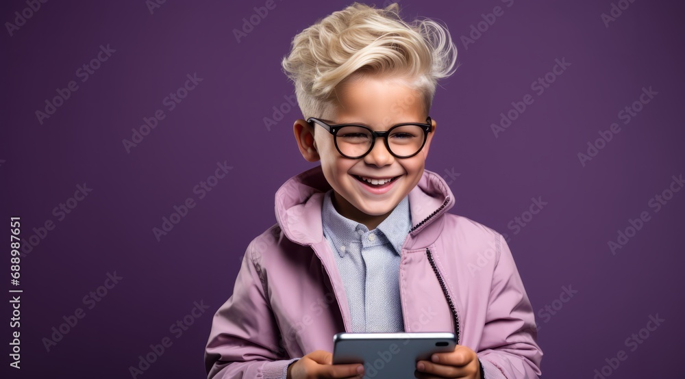 Young Boy with Glasses Using a Tablet on a Purple Background