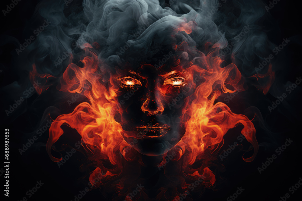 Fototapeta premium Spectral Inferno: Abstract Face in Smoke and Flames, A Ghostly Devil's Logo Element