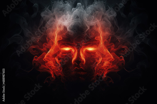 Spectral Inferno: Abstract Face in Smoke and Flames, A Ghostly Devil's Logo Element