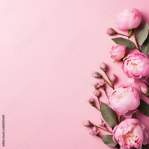 Women's Day concept. Top view photo of pink peony rose buds and sprinkles on isolated pastel pink background with copyspace, ai technology