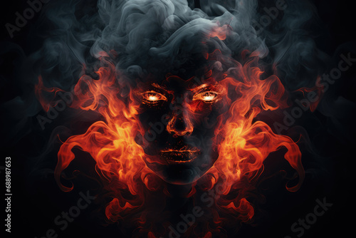 Spectral Inferno: Abstract Face in Smoke and Flames, A Ghostly Devil's Logo Element