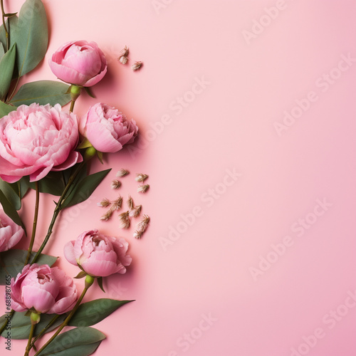 Women's Day concept. Top view photo of pink peony rose buds and sprinkles on isolated pastel pink background with copyspace, ai technology