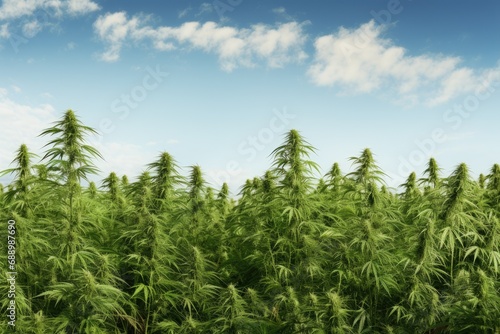 A field of cannabis on a sky background with clouds