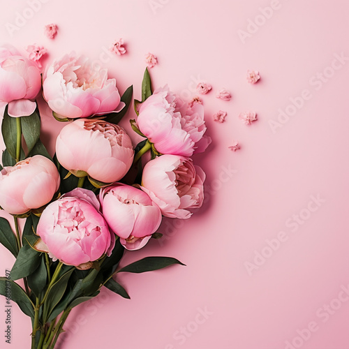 Women's Day concept. Top view photo of pink peony rose buds and sprinkles on isolated pastel pink background with copyspace, ai technology