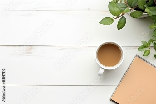 Work desk with accessories, coffee cup. Top view with copy space
