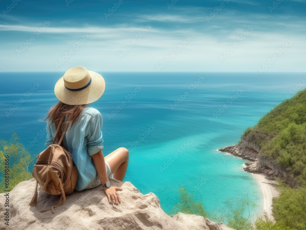 A young girl in a hat on top of a cliff overlooking the ocean,
