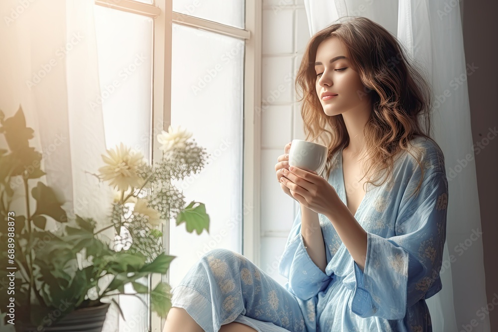 Woman sitting in front of the window and drinking coffee, Woman sitting in front of the window and drinking coffee,