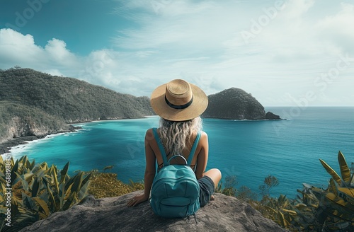 Young girl in hat and backpack sitting on top of a cliff overlooking the ocean, © BetterPhoto