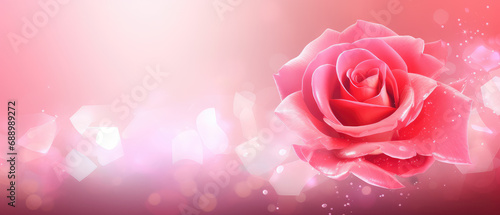 Stylish banner template showcasing a realistic rose on an abstract bokeh background adorned with glitter stars. Ideal for adding a touch of romance to your.