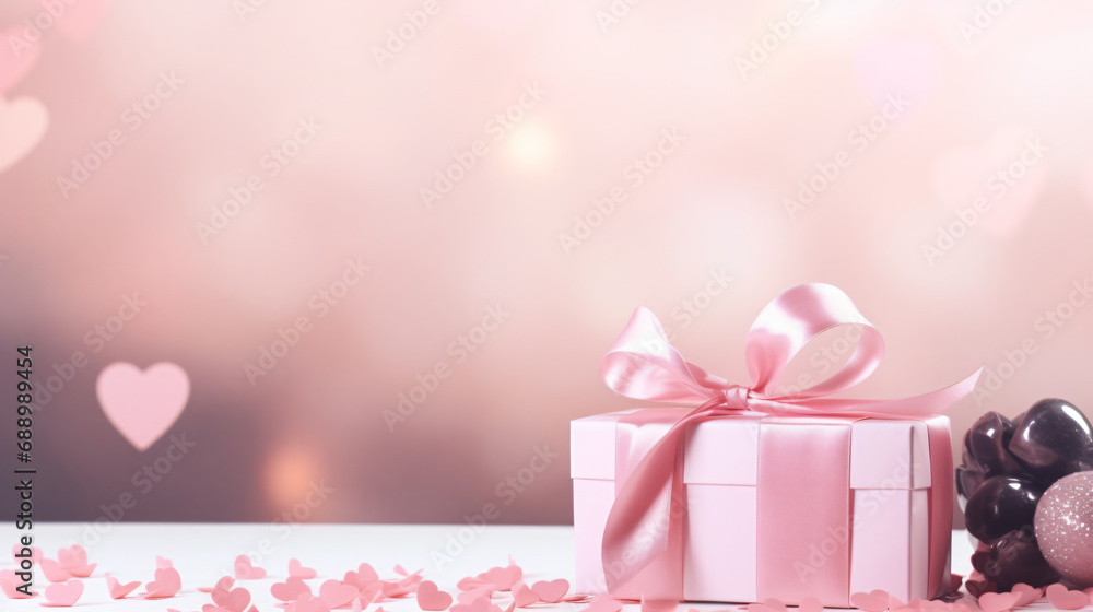 Beautiful gift with pink ribbon hearts
