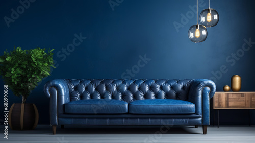 Interior background of a living room with comfortable sofa and blue wall photo