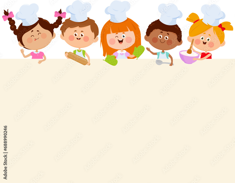 Cute little chef kids cooking meal menu, poster, banner template. Blank banner with children, boys and girls with cooking hats. Group of children chefs holding cooking utensils. Vector illustration Cute little chef kids cooking meal menu, poster, banner template. Blank banner with children, boys and girls with cooking hats. Group of children chefs holding cooking utensils. Vector illustration