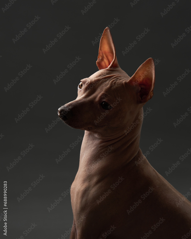 Sleek dog, dramatic portrait. An American Hairless Terrier is elegantly silhouetted against a dark studio backdrop, radiating poise
