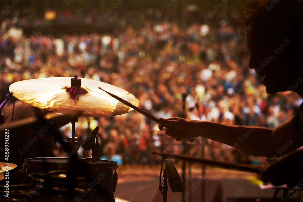 Drummer, music and crowd at stage, concert or musician in performance at festival or event with fans. Playing, rock or man on drums in a metal band with audience listening to beat, sound or show - obrazy, fototapety, plakaty 