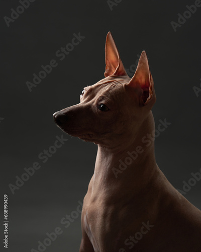 Sleek dog, dramatic portrait. An American Hairless Terrier is elegantly silhouetted against a dark studio backdrop, radiating poise © annaav
