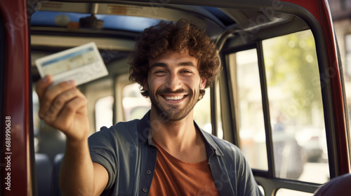 Joyful man displays his freshly acquired driver license photo
