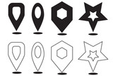 Set of map pin symbols and geometric formats, rectangle, oval, hexagon and star .Black check-in point mark and outline on white background.