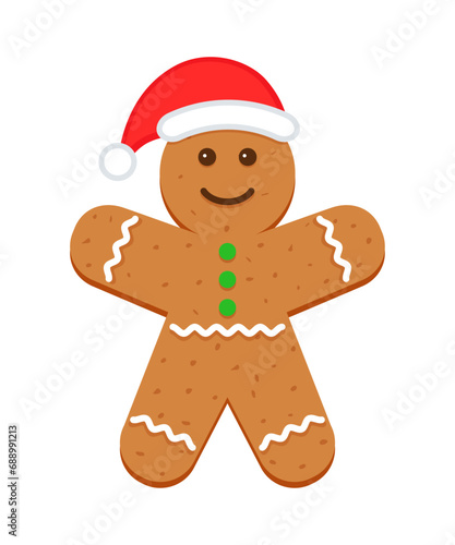 Cute ginger bread character with santa hat. Gingerbread man in flat cartoon design. Classic Christmas cookies. Xmas biscuit isolated on white background. Vector illustration.
