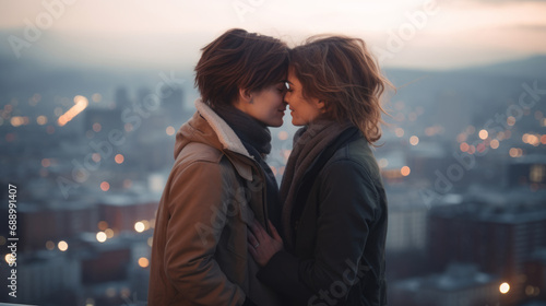Lesbian couple embracing each other. Against the city view