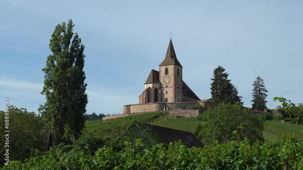 Overlooking the Hunawihr village, the 15th or 16th century Church of St Jacques le Majeur, surrounded by a fortified cemetery, has preserved an unspoiled environment Overlooking the Hunawihr village, the 15th or 16th century Church of St Jacques le Majeur, surrounded by a fortified cemetery, has preserved an unspoiled environment