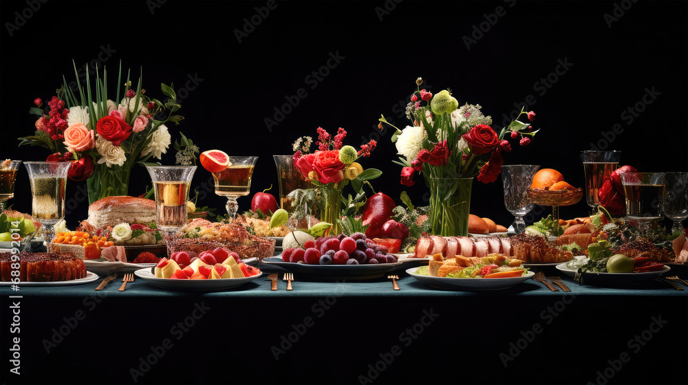 long table with food on background