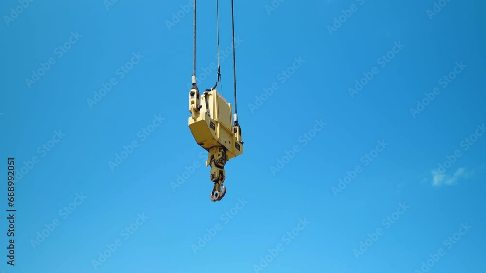 Witness the ramshorn hook of a crane suspended in the sky. The camera circles, unveiling the enormity of a giant marine crane Witness the ramshorn hook of a crane suspended in the sky. The camera circles, unveiling the enormity of a giant marine crane